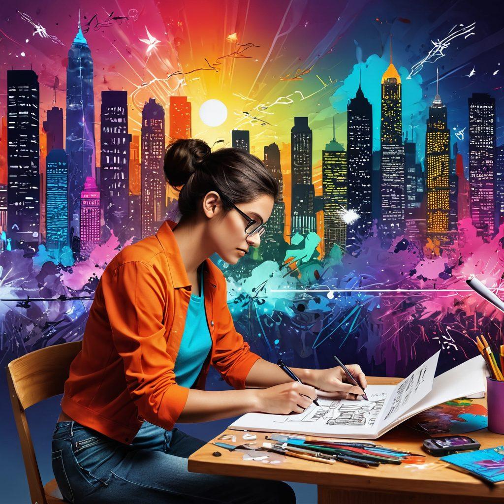 A dynamic artist passionately creating on a digital platform, surrounded by colorful sketches and vibrant notes, representing the journey from idea to expression. The background features a blend of traditional and modern artistic tools, like paintbrushes and tablets. Include elements that symbolize the blogosphere, such as floating social media icons and the glowing outline of a cityscape. The overall mood should be inspiring and energetic, reflecting creativity in motion. super-realistic. vibrant colors. 3D.