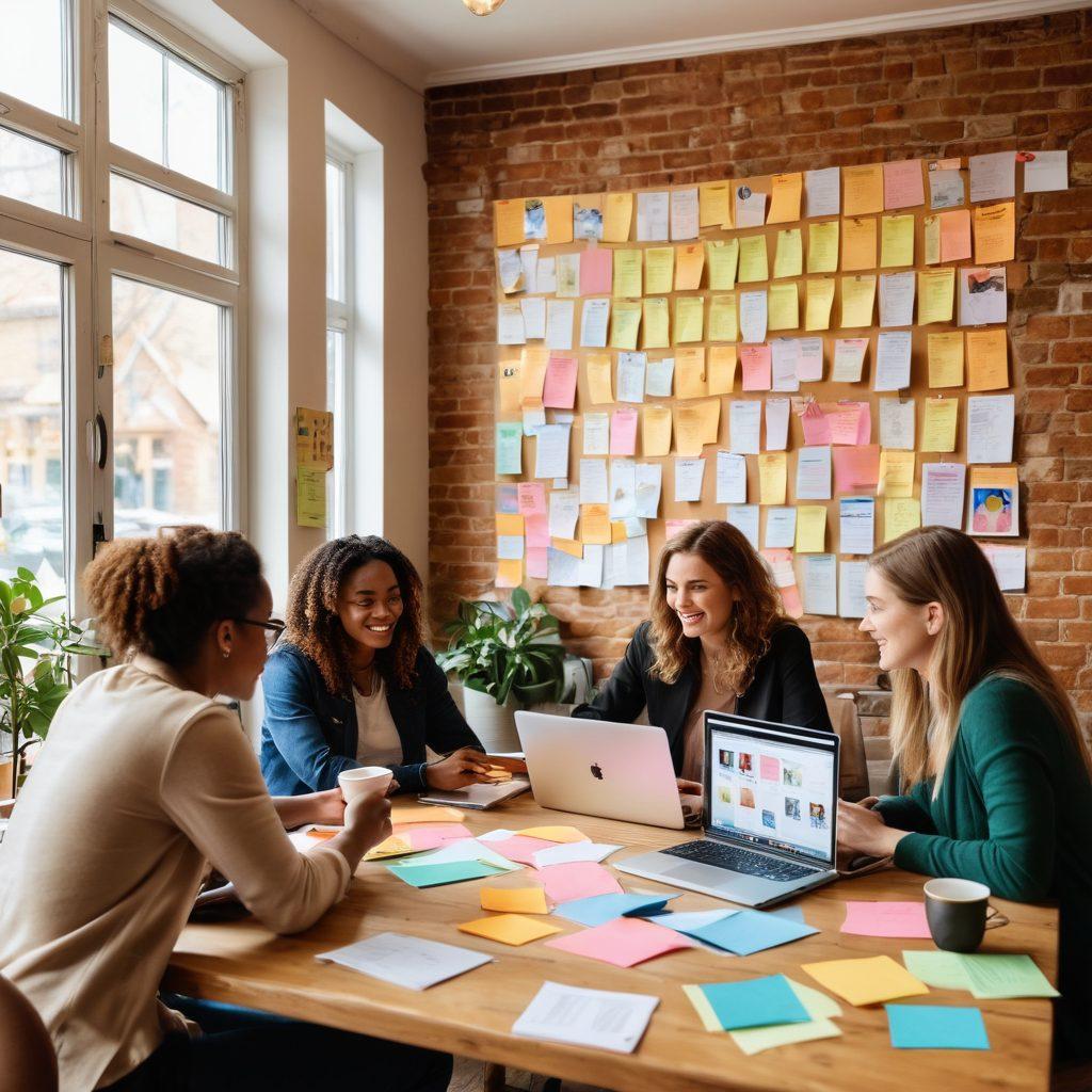 A diverse group of bloggers engaged in a lively discussion at a cozy café setting, with laptops and cups of coffee on the table, surrounded by colorful sticky notes and blogging materials. The background features a notice board filled with inspirational quotes and networking event flyers, symbolizing community and connection. Bright natural light floods in through the windows, creating an inviting atmosphere. super-realistic. vibrant colors. warm tones.